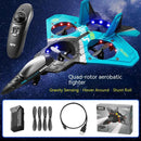 The Childrens Remote Control Aircraft V17 Fighter Drone is a blue and black quad-rotor designed for kids, enhancing hand-eye coordination with gravity sensing, hover around, and stunt roll. Accessories include a battery, propellers, and USB cable. A schematic image shows its drop-resistant foam design.