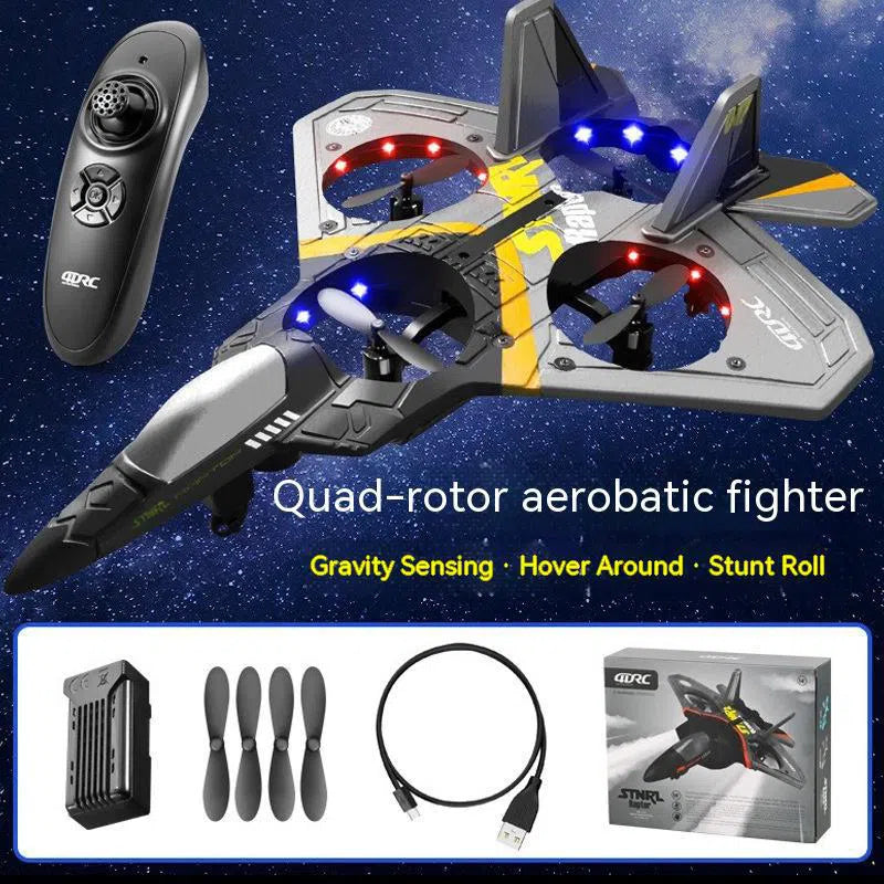 The Childrens Remote Control Aircraft V17 Fighter Drone, with a sky-themed design, enhances hand-eye coordination using gravity sensing and hover features. It includes a battery, propellers, and USB cable for charging. Enjoy exciting aerial maneuvers with its stunt roll capability.