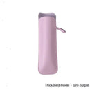 A taro purple vertical cylindrical pencil case, slightly glossy and made from high-quality polyester fiber, has a zipper top and side strap. Thickened model - taro purple text stands out on a white background.