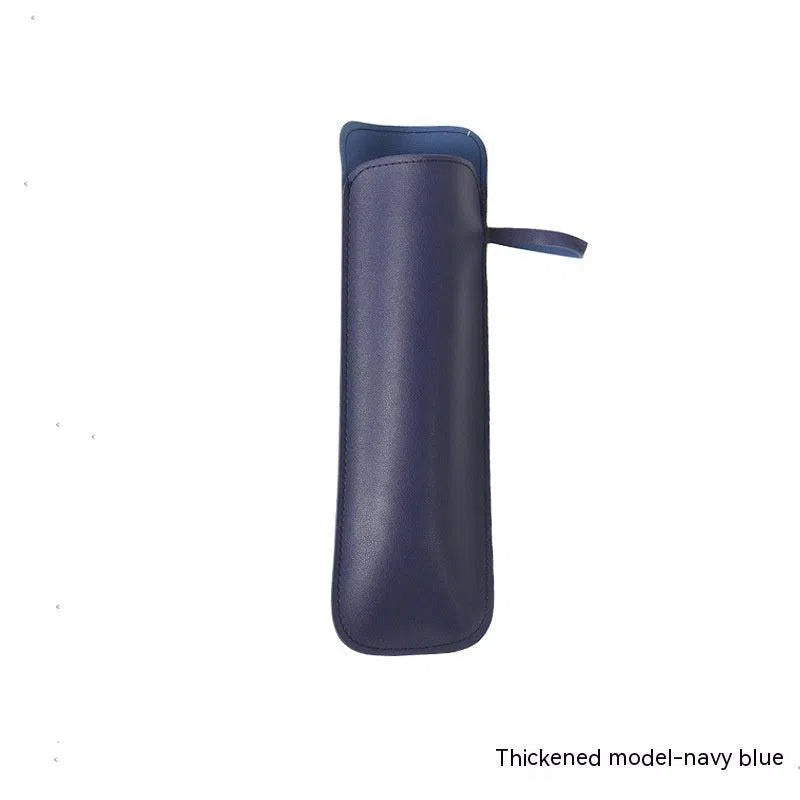 A navy blue Color Self-opening Umbrella Color Matching Leather Case made of high-quality polyester fiber features a flap closure and a small side pull tab. On the plain white background, a label in the bottom right says “Thickened model-navy blue.”.
