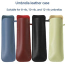 Four stylish leather cases in blue, red, black, and beige are displayed vertically on a white background. The text above reads Color Self-opening Umbrella Color Matching Leather Case and highlights their suitability for 8-rib, 10-rib, and 12-rib umbrellas. Ideal for your umbrella collection.