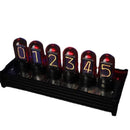 The Creative LED Electronic Digital Clock Solid Wood Nixie features a classic nixie tube design with numbers 0-5 glowing in vibrant orange, each housed in a transparent bulb elegantly mounted on a sleek black base.