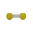 Yellow plastic safety lock with non-toxic design, featuring two circular ends connected by a flexible white strip, crafted to secure cabinets or appliances against childrens anti-opening attempts.