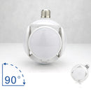 The Foldable Leaf Light Football Light LED Light is displayed against a plain background with a white, spherical shape and screw base. A side view inset is shown at the bottom right, while a 90° graphic at the bottom left highlights its adjustable angle and energy-efficient lighting feature.