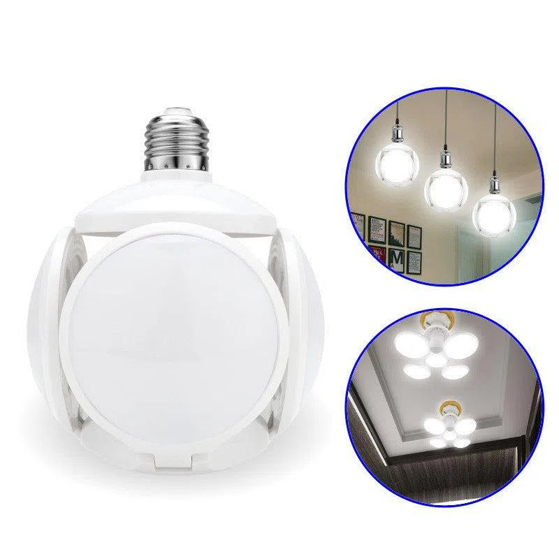 The Foldable Leaf Light Football LED showcases energy-efficient lighting with a large white bulb and screw base. Two circular insets highlight its versatility: one featuring three pendant lights elegantly hanging, and another as a cluster of six lights on a ceiling fixture, brilliantly illuminating spaces.