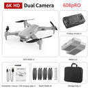 The image showcases the GPS High-definition Dual Camera drone, model 608pro, ideal for aerial photography. It includes a folding remote, battery, GPS 608S for precise navigation, spare blades, screwdriver, manual, USB charging cable, and a handy storage bag.