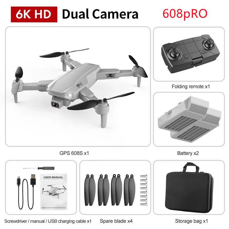 The image showcases the GPS High-definition Dual Camera drone, model 608pro, ideal for aerial photography. It includes a folding remote, battery, GPS 608S for precise navigation, spare blades, screwdriver, manual, USB charging cable, and a handy storage bag.