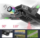 Close-up of the GPS High-definition Dual Camera with arrows showing a 90° rotation and 110° field of view. Smaller images display the drone, a landscape photo, and an aerial shot capturing a road amid greenery—ideal for aerial photography.