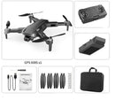 The GPS 608S black foldable drone, featuring a GPS high-definition dual camera, is surrounded by images of its remote control, battery, charger, user manual, extra propellers, screws, and carrying case—ideal for aerial photography enthusiasts.