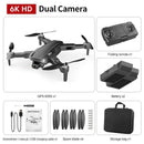 This set includes the GPS High-definition Dual Camera, ideal for 6K HD aerial photography, with a folding remote, battery, GPS 608S, screwdriver, manual, USB cable, spare blades, and a storage bag. Each item is labeled neatly against a clean white background.