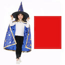 A child dressed as a magician in the blue Halloween Cloak Magician Role-playing Five-star Cloak Hat Set, featuring gold stars and a pointed hat, stands beside a large red rectangle. Smiling, they expose their white shirt and black pants beneath the costume, ready for magical fun.
