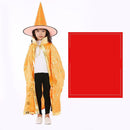 A child wearing the Halloween Cloak Magician Role-playing Five-star Cloak Hat Set, featuring a bright orange wizard costume with a pointed hat and star-patterned cape, stands beside a large red square on a plain white background.