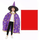 Wearing the Halloween Cloak Magician Role-playing Five-star Cloak Hat Set, a child in a purple wizard costume with gold stars stands beside a large red square on a white background, smiling in black pants and white shoes for some Halloween magician fun.