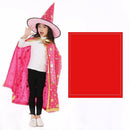 A child smiles in a pink wizard hat and cape adorned with gold stars, embodying the Halloween Cloak Magician Role-playing Five-star Cloak Hat Set. Wearing a white shirt and black pants, they tip the hats brim next to a large red square, enhancing their magician role.