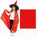 A child dressed as a wizard in the colorful Halloween Cloak Magician Role-playing Five-star Cloak Hat Set with red and gold stars smiles confidently against a plain white background, ready for magical adventures or Halloween fun, posing next to a solid red square.