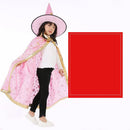 A child in black pants and a white shirt wears a pink Halloween Cloak Magician Role-playing Five-star Cloak Hat Set, confidently walking against a white backdrop next to a large red square, embodying magical role-play.