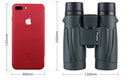 A red smartphone with an 80mm width and 155mm height is compared to a high resolution binocular telescope, which has a black design, measuring 130mm in width and 160mm in height. Dimensions highlight each items size, accentuating the binoculars wide field of view.