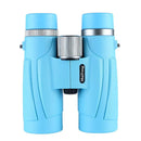 A pair of bright blue binoculars with textured grips, silver accents, and a high-resolution design. It features a ribbed central focus wheel for easy adjustments and offers superb magnification. The brand name is prominently displayed on the side for prestige. Product: High Resolution Binocular Telescope.