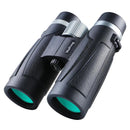 Black binoculars with textured grip, green lenses, and silver adjustment dials feature a Mark Jorg label on the bridge. They offer an impressive magnification power, wide field of view, and sleek design.