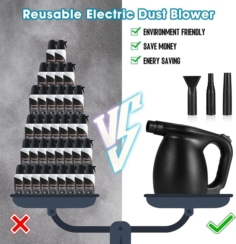 The scale contrasts a red X-marked pyramid of canned dusters with a green check-marked ergonomic Household Multi-function Computer Keyboard Dust Blower. Its highlighted as environmentally friendly, energy-saving, and ideal for cleaning computer keyboards or household surfaces.