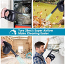 A collage showcases the Household Multi-function Computer Keyboard Dust Blower in action: cleaning keyboards, blowing leaves, clearing water, and dusting ACs. A blue banner announces Ture 28m/s Super Airflow with ergonomic design for versatile home use.