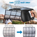 The Household Multi-function Computer Keyboard Dust Blower sprays air onto a dusty filter to show dust removal. A comparison shows the dirty filter on the left and the clean one on the right, with text reading Take 99% dust away.