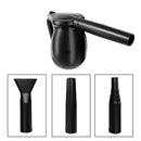 A black Household Multi-function Computer Keyboard Dust Blower is shown with three interchangeable black attachments: a wide nozzle, narrow cylindrical nozzle, and short stepped nozzle. This handheld device also serves as an ergonomic vacuum and is ideal for detailed cleaning tasks.
