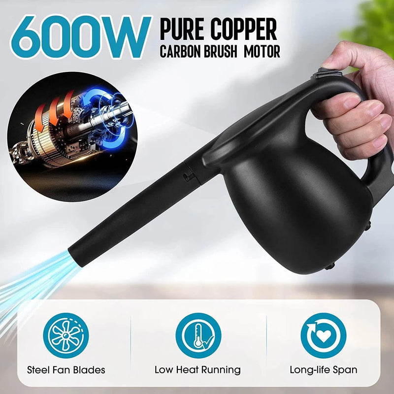A person holding a black Household Multi-function Computer Keyboard Dust Blower with a 600W pure copper carbon brush motor, ergonomic design, steel fan blades, low heat running, and long lifespan. Image of motor with blue highlights.