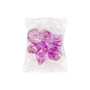 The Innovative Fantasy Starry Sky Resin Multi-sided Game Dice, with purple translucent hues and gold numbers, are perfect for tabletop gaming. Packaged in a clear plastic bag, these dice embody mystery and allure for any multi-sided gaming adventure.