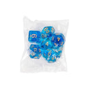 A dazzling set of Innovative Fantasy Starry Sky Resin Multi-sided Game Dice features five blue polyhedral dice with gold numbers, perfect for tabletop games. Encased in a clear plastic bag, they transport you to a magical realm with every roll.