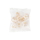 A sealed plastic bag contains the Innovative Fantasy Starry Sky Resin Multi-sided Game Dice set, featuring transparent polyhedral dice with gold numbers, perfect for tabletop gaming adventures.