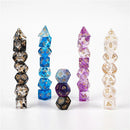 Stacked vertically by color—black, blue, light blue, purple, and white—five sets of Innovative Fantasy Starry Sky Resin Multi-sided Game Dice display gold numbers against various shapes. Resembling a fantasy starry sky, they stand elegantly on a plain white background.