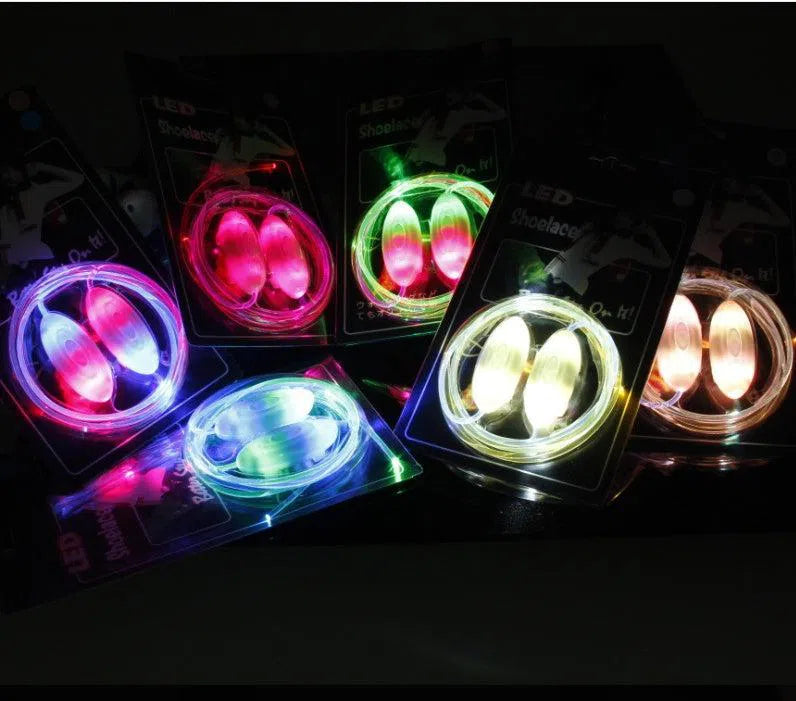 The LED Sport Shoe Laces, crafted with fiber optics, come in red, green, blue, and yellow and emit a bright glow for a vibrant effect against dark backgrounds.