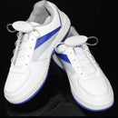 The Led Sport Shoe Laces Glow Shoe Strings are shown on a white athletic shoe with blue accents and gray lining. The advanced fiber-optic technology makes the laces light up, complemented by round white lace guards, all set against a black background.
