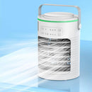 The Mini Air Cooler Household Desk is a small, cylindrical white device with a carrying handle that emits a cool breeze. It has front buttons and an exposed fan. Set against a light blue gradient backdrop, it offers refreshing convenience as a USB Powered Personal Space Cooler.