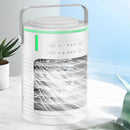 The Mini Air Cooler Household Desk, a white USB-powered device with top control buttons, emits a visible breeze while glowing with a green indicator light. It sits on a white surface amidst green plants against a light blue background, highlighting its efficiency as the perfect personal space cooler.