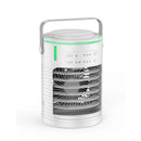 The Mini Air Cooler Household Desk is a portable, compact USB-powered device with a cylindrical design and top handle. It features control buttons, a light indicator, and a visible fan inside the front vented panel, making it ideal for cooling personal spaces.