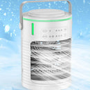 The Mini Air Cooler Household Desk is a white, USB-powered mini cooler with a handle, an LED light strip, and buttons for light, mode, and timer settings. It features cool air and icy effects background ideal for personal cooling.