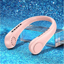 A pink U-shaped Mini Neck Fan Portable Bladeless Hanging Neck Rechargeable Air Cooler rests gracefully on a clear acrylic stand, perfect for cooling on the go. Its sleek design is set against a sparkly blue backdrop, showcasing its cooling versatility and portability for summer sports activities.