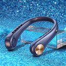 The Mini Neck Fan Portable Bladeless Hanging Neck Rechargeable Air Cooler, in dark blue with gold accents, sits on a reflective glass surface against a shimmering blue background, providing a portable cooling experience.