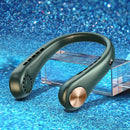 The Mini Neck Fan Portable Bladeless Hanging Neck Rechargeable Air Cooler, with green and gold accents, rests on a transparent stand against a shimmering blue background. This sleek fan features side vent holes for hands-free cooling on the go.