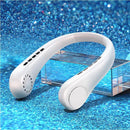 A sleek Mini Neck Fan Portable Bladeless Air Cooler in white is elegantly poised on a transparent rectangular stand, set against a shimmering blue textured backdrop for a vibrant and dynamic scene.