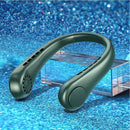 A sleek Mini Neck Fan Portable Bladeless Hanging Neck Rechargeable Air Cooler with dual vents and various controls is curved for comfort. Displayed against a shimmering blue background, its an ideal on-the-go solution for summer sports fans.