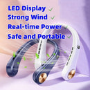 A promotional image displays the Mini Neck Fan Portable Bladeless Hanging Neck Rechargeable Air Cooler, highlighting its LED display, strong wind, real-time power, and portability. Green leaves indicate airflow on a light pastel gradient background.