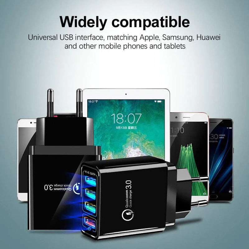Displayed are a variety of smartphones and tablets from Apple, Samsung, and Huawei. In the foreground, two black Mobile Phone Charger Power Adapters feature Quick Charge 3.0 technology with multiple ports and blue LED indicators, highlighting wide compatibility for travel charging needs.