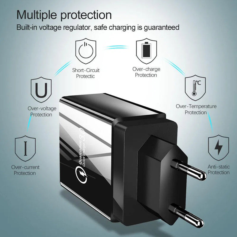 The image shows a sleek black Mobile phone charger power adapter with dual prongs. Text and icons emphasize its protections: short-circuit, over-charge, over-temperature, over-voltage, over-current, and anti-static protection for safe use.