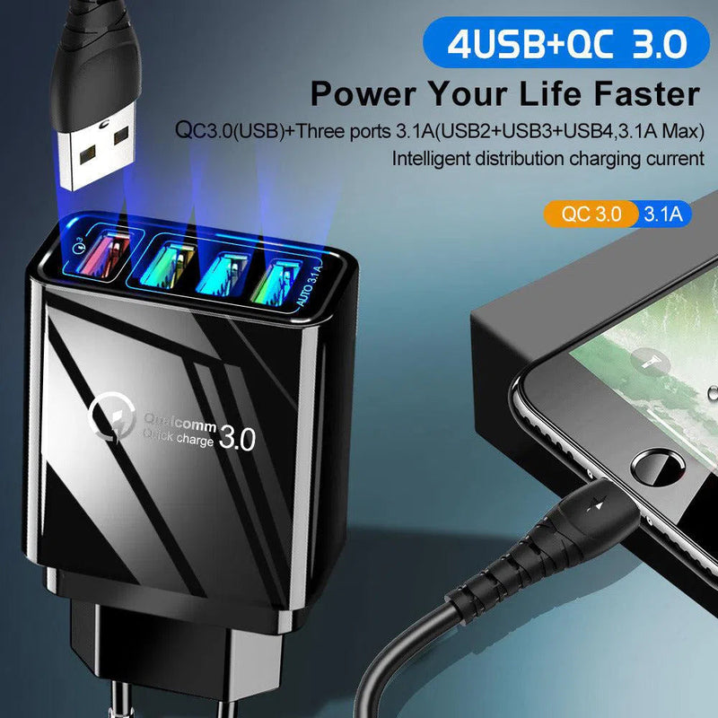 The Mobile phone charger power adapter showcases Qualcomm Quick Charge 3.0 technology with four USB ports and blue LED indicators. Its connected to a smartphone, highlighting its fast charging capabilities.