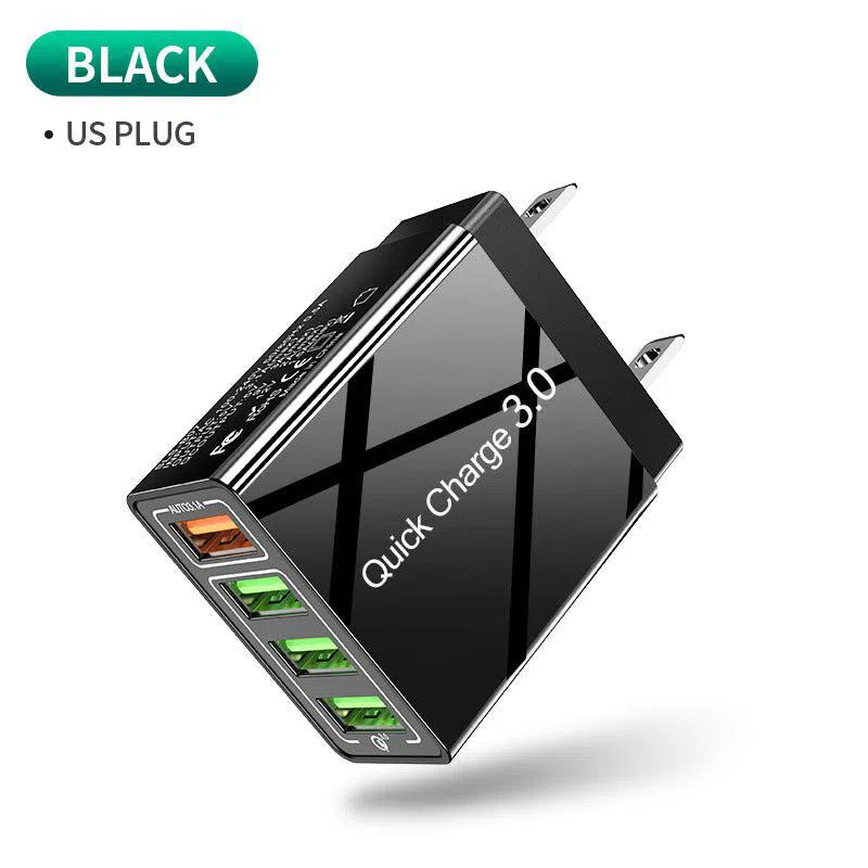 The Mobile Phone Charger Power Adapter is a sleek black Quick Charge 3.0 wall charger with a US plug, perfect for travel. It features one orange and three green USB ports and is slightly tilted against a white background, making it ideal for on-the-go charging needs.