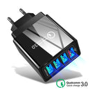 The sleek, modern Mobile Phone Charger Power Adapter in black with an EU plug features three illuminated USB ports for fast charging. It includes Qualcomm Quick Charge 3.0 branding with a green symbol, perfect for on-the-go needs.