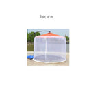 A circular outdoor enclosure with a transparent mesh canopy resembling a mosquito net, featuring an orange top labeled black, is preset on a stone surface near water and greenery. Blue objects are visible inside, making the Mosquito Net Outdoor Patio Umbrella Net Cover Roman Umbrella perfect for outdoor relaxation.